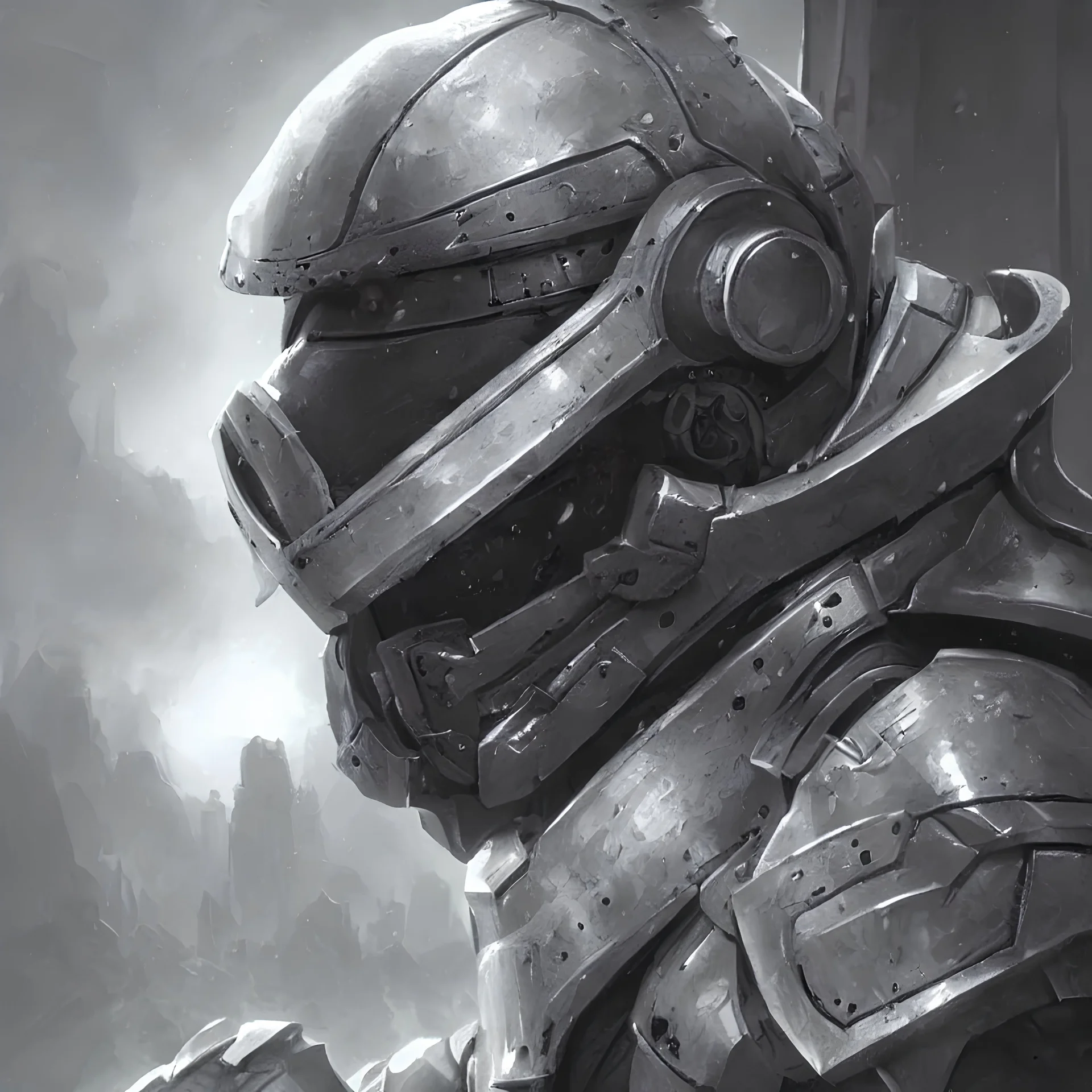 knight pepe, scifi, power armor, mechasuit, medieval pepe, futuristic sword, heavy gun, armored, helmet, military, heavy, modern, gaz mask, black and white, concept art, bust portrait, Nekro, Tom Bagshaw, Craig Mullins, ventail, exsokeleton