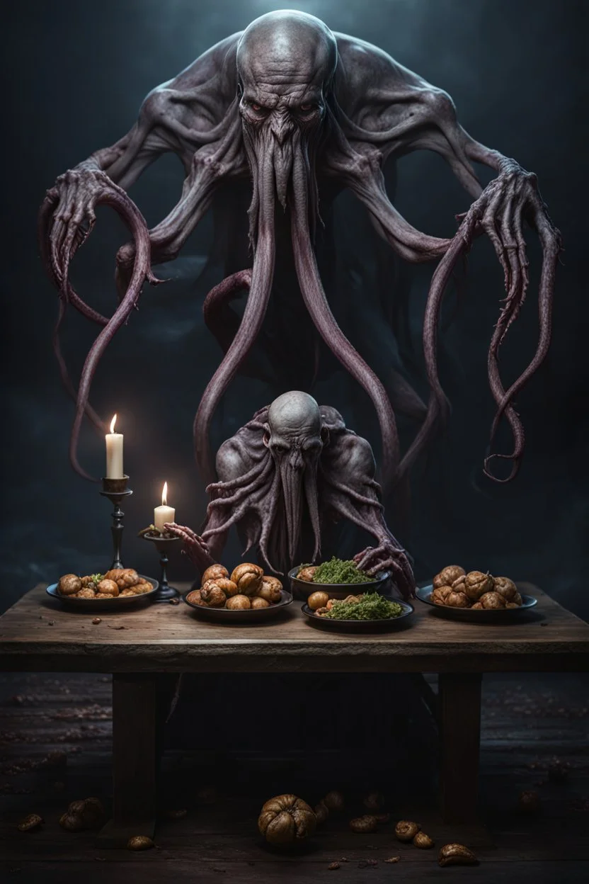 Undead mind flayer with three heads eating a corpse. full body shot. fantasy and horror setting, Cinematic lighting, Volumetric lighting, Epic composition, Photorealism, Very high detail, Character design, Unreal Engine, Octane render, HDR, Subsurface scattering, fantasy art,