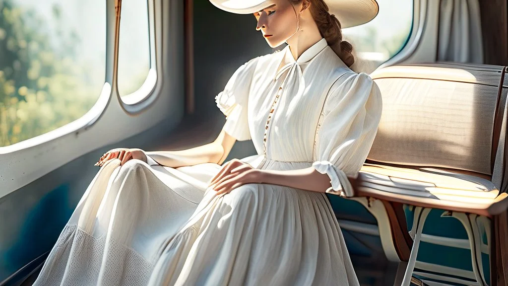 (masterpiece, best quality, 8k, RAW photo, beautiful and aesthetic:1.2), complex detail, Indirect light, photorealistic, full body, Button-down linen sundress with a square neckline, <lora:SClus_001-03:1>Train women , sitting chair under skirt,