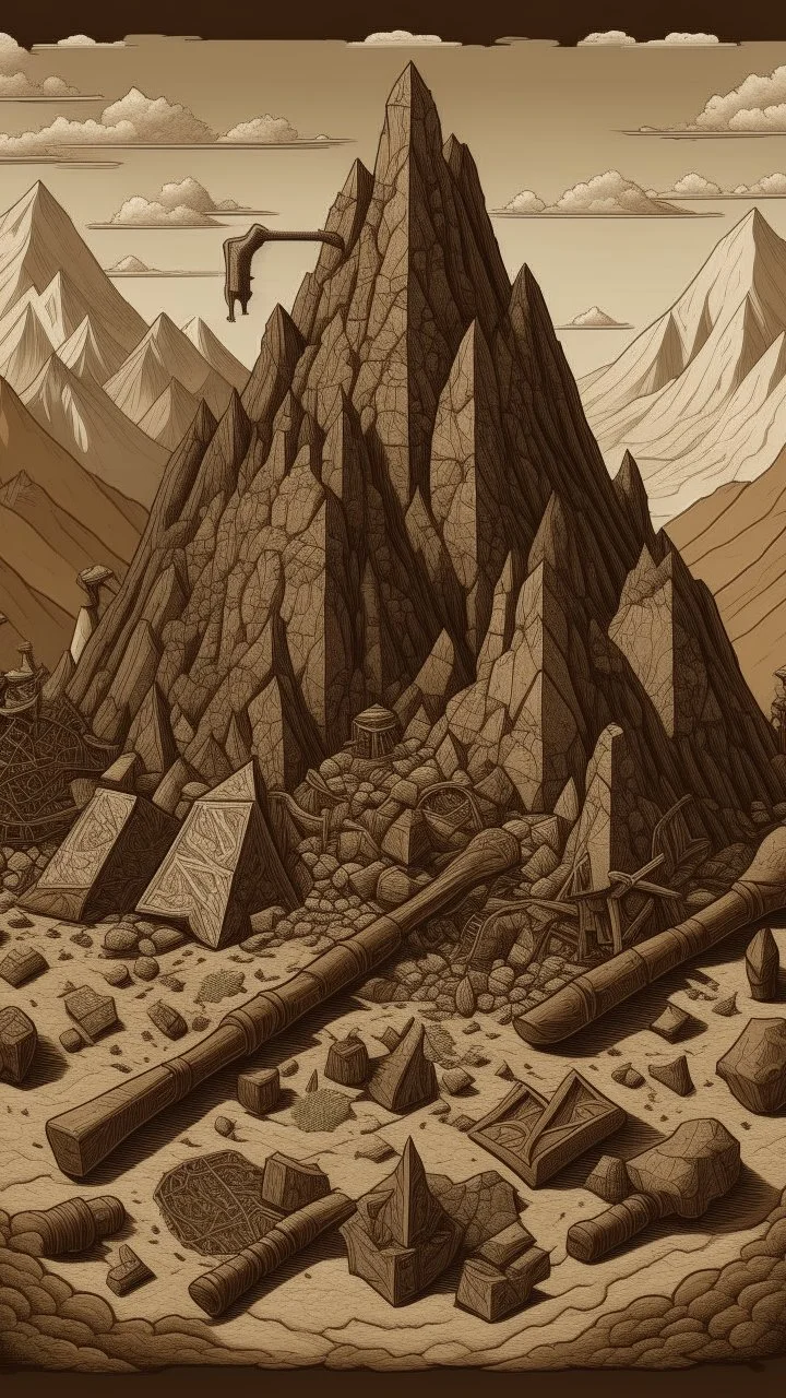 A brown mountain with hammers made out of stone designed in medieval tapestry