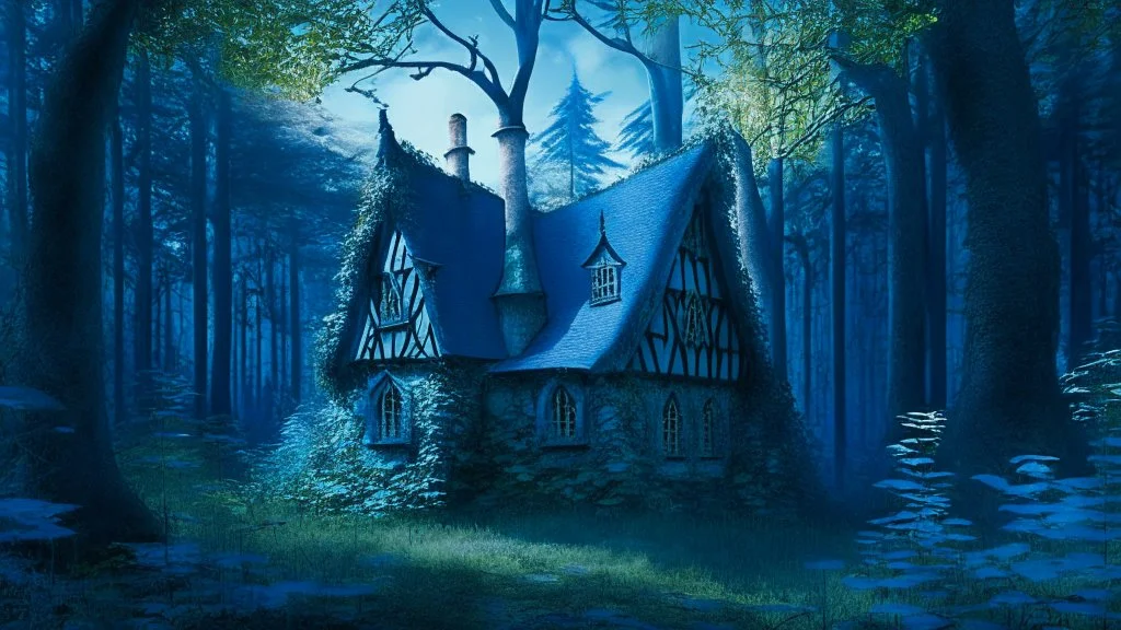 gothic cottage in a woodland glade with blue sky