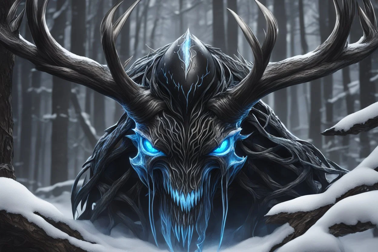 Venom Shadow symbiote in 8k realistic anime drawing style, Deer skull, non-eyes, blue neon crystal Antlers, dark fantasy snow forest, intricate details, highly detailed, high details, detailed portrait, masterpiece,ultra detailed, ultra quality