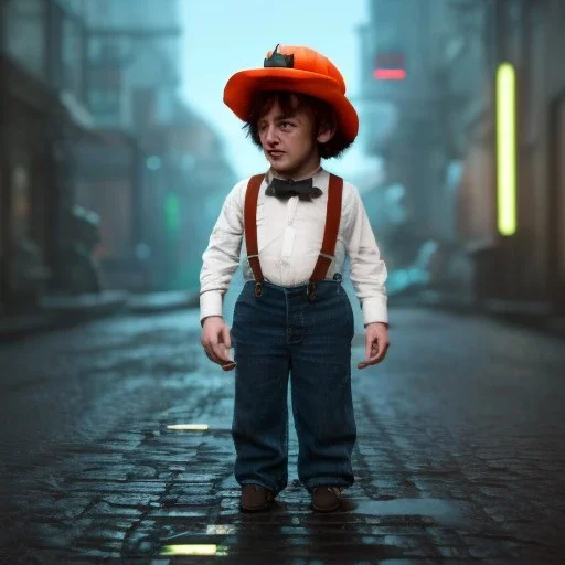 Clockwork orange, Alex toddler, real, full body, distopic background, cyberpunk, dramatic lighting, hyper realistic, 8k