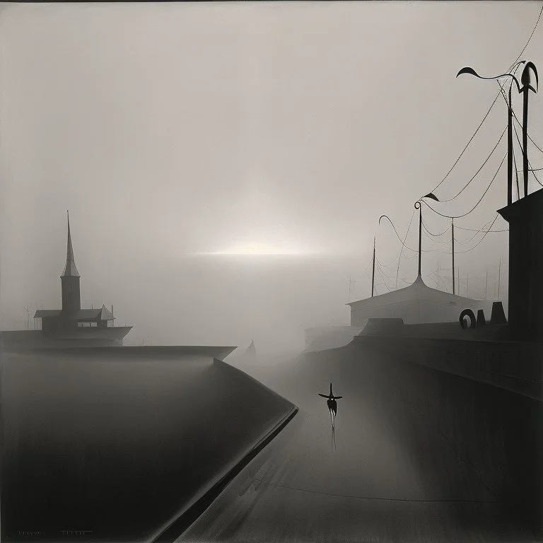 Dark street night figure fog odd Yves Tanguy spooky