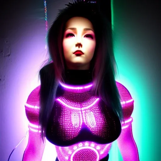 Sweet cyber woman, Rosalia artist, cold ambient, rain, fog, latex, cables, purpurin, black, gold, rings piercing, yellow, decorative color feathers, circuits, neon style, a lot of led lights, fog, rain, vibrant color, highly detailed, art stations, concept art, smooth, unreal engine 5, god rays, ray tracing, RTX, lumen lighting, ultra detail, volumetric lighting, 3d, finely drawn, high definition, high resolution.