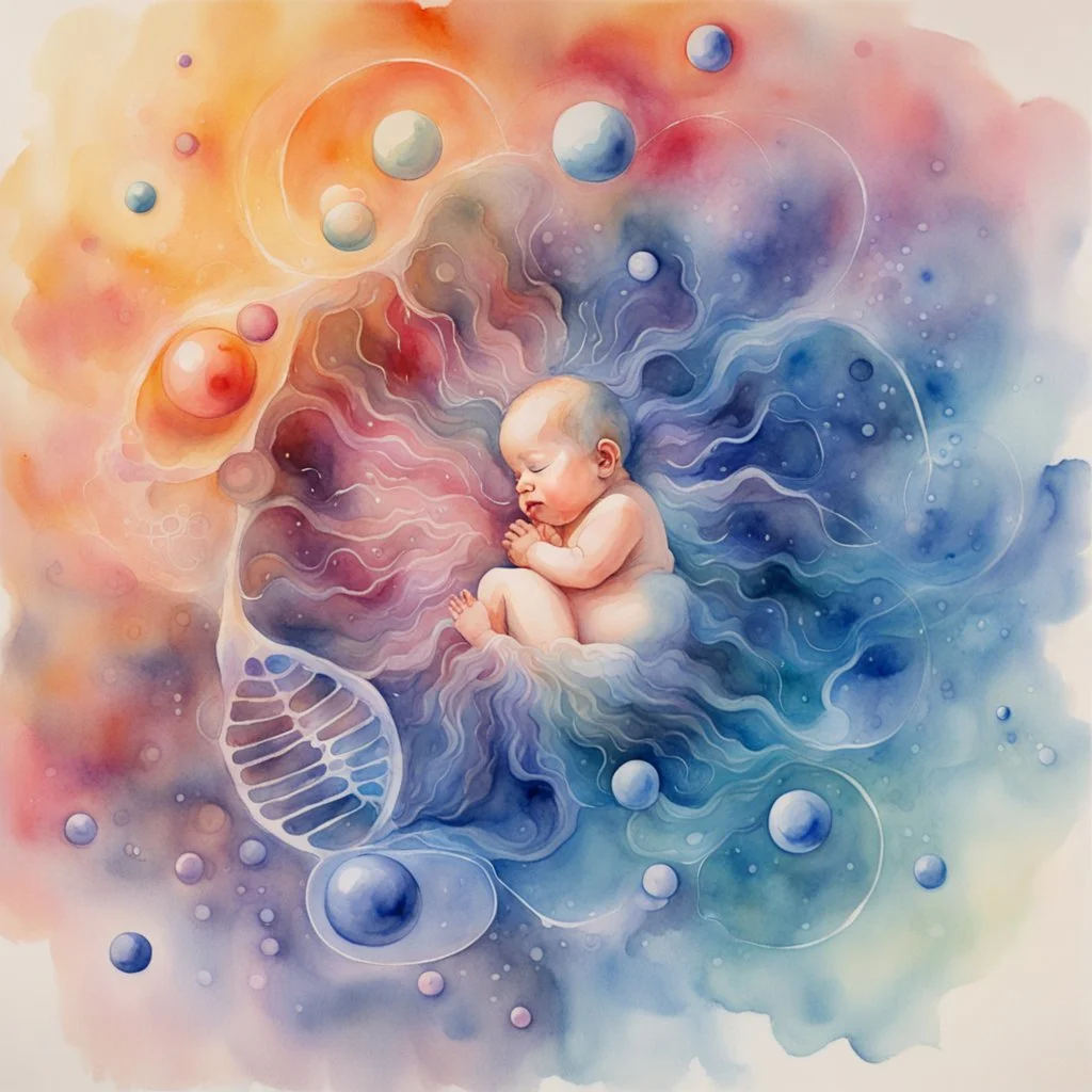 Inspiration from Nomeradona On Playground Life begins. Quantum Serenity: A watercolor depiction of the conception of a baby, illustrating the interplay of microscopic quantum particles and DNA at the molecular level, embodying calmness in action.”
