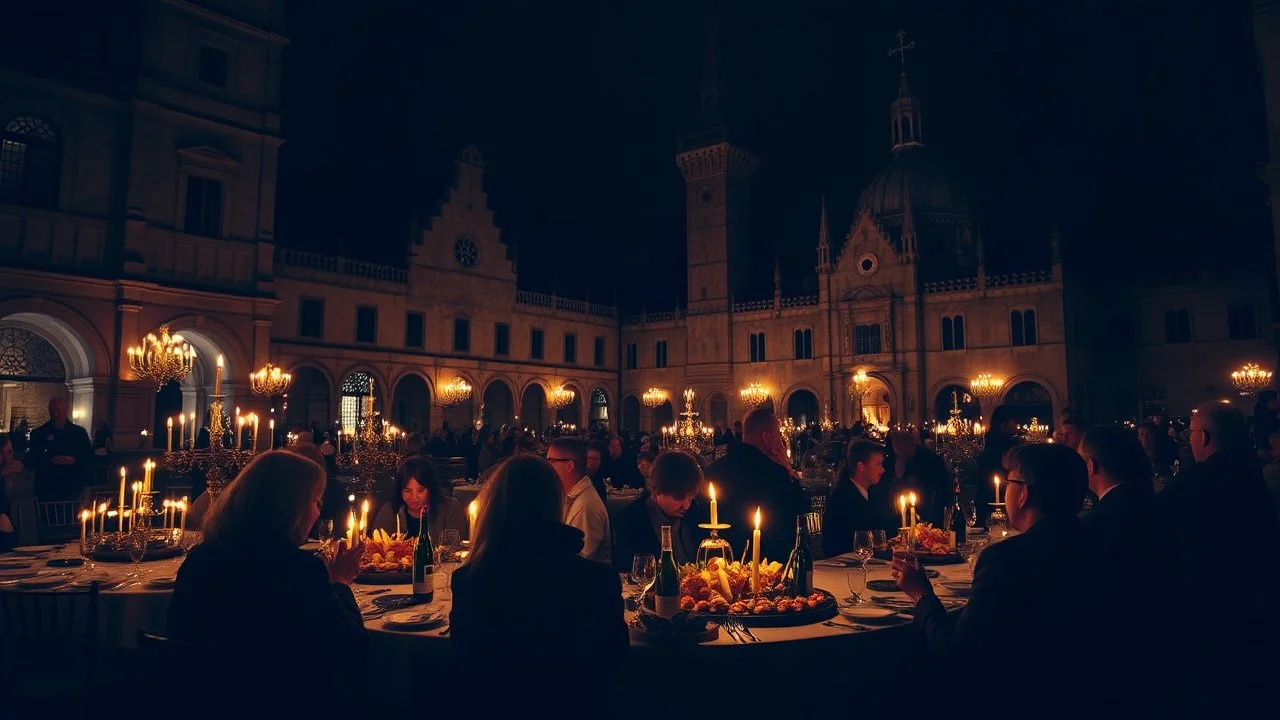 1498, delightful, sensitive, delicious food, mediaeval banquet, confident, delicate, night, darkness, architecture, filled with delicious food, award-winning photograph, beautiful composition, delicate colour, chiascuro