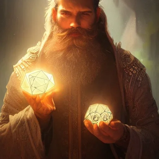 Insanely detailed photograph of an “D&D twilight cleric holding glowing D20” with intricate detailed beard,low fade, intricate clothing, hyperdetailed painting by Ismail Inceoglu Huang Guangjian and Dan Witz CGSociety ZBrush Central fantasy art album cover art,8K, hdr, mysterious, flickeringlights ,Stoic