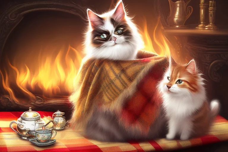 cute fluffy chibi cat reads sitting in a big soft armchair, covered with a plaid blanket, a teapot and steaming tea on a small table next to her, in sunlight. The fire in the fireplace is blazing.