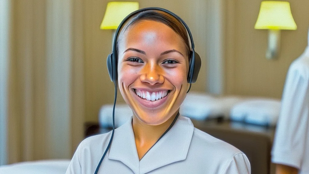 hotel housekeeping smiling with white earbuds