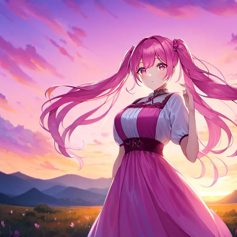 girl, masterpiece, best quality, cinematic lighting, detailed outfit, perfect eyes, long hair, pink hair, twin tail, pink eyes, vibrant colors, pink outfit, landscape, sunset, pink sky,