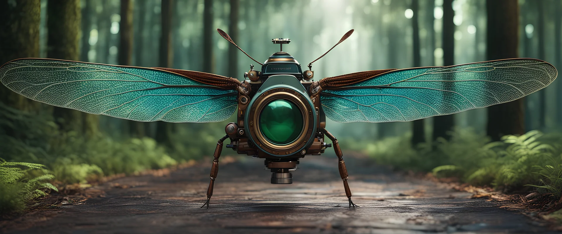 High-end hyperrealism epic DSLR dragonfly telephoto Camera, Steampunk-inspired cinematic photography, symmetry forest alley background, Aesthetic combination of metallic sage green and titanium blue, Vintage style with brown pure leather accents, Art Nouveau visuals with Octane Render 3D tech, Ultra-High-Definition (UHD) cinematic character rendering, Detailed close-ups capturing intricate beauty, Aim for hyper-detailed 8K