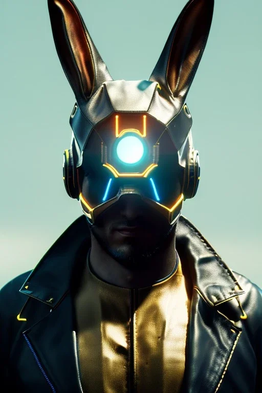 Medium Close Up Portrait, Front image. cyberpunk, rabbit mask, British man, white short hair. leather, gold suit. White, black, red, color. Retro futuristic style. Color background, photo studio. Avatar image, highly detailed, concept art, smooth, unreal engine 5, god rays, ray tracing, RTX, lumen lighting, ultra detail, volumetric lighting, 3d, finely drawn, high definition, high resolution.