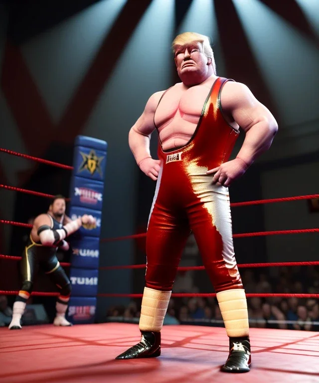 Wrestler Donald trump, wrestling, red breeches, suspenders, retro style, 80s, hot ambient, photo studio, vibrant color, gradient, highly detailed, art stations, concept art, smooth, unreal engine 5, god rays, ray tracing, RTX, lumen lighting, ultra detail, volumetric lighting, 3d, finely drawn, high definition, high resolution.