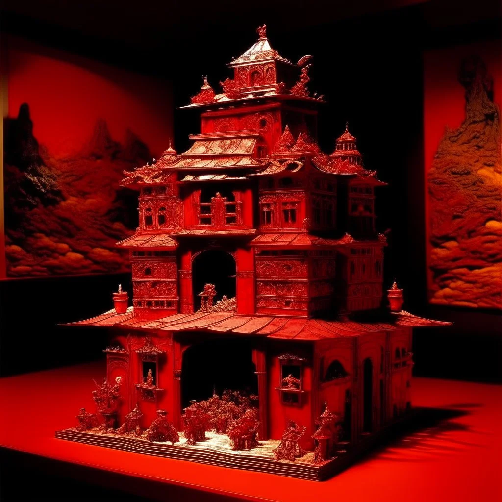An orangish red frantic fortress designed in Javanese shadow puppets painted by Edward Hicks