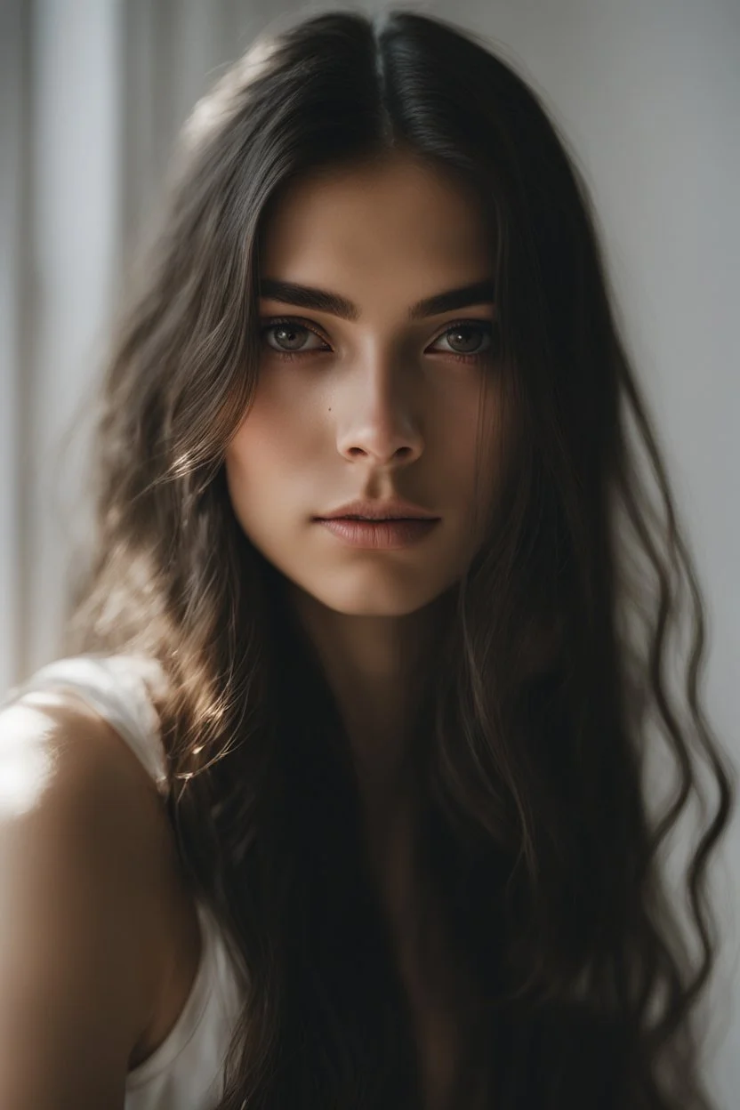 An incredibliy detailed medium shot macro shot of a 20 years old beautiful girl, long dark hair, an artistic portrait, detailed skin, detailed hair, facing to the camera, looking at the camera, dreamy mood, realistic, low aperture, bright image, Leica Q3, corner in the white room, white background, sunlight from the window, shadow of the window frame, golden hour