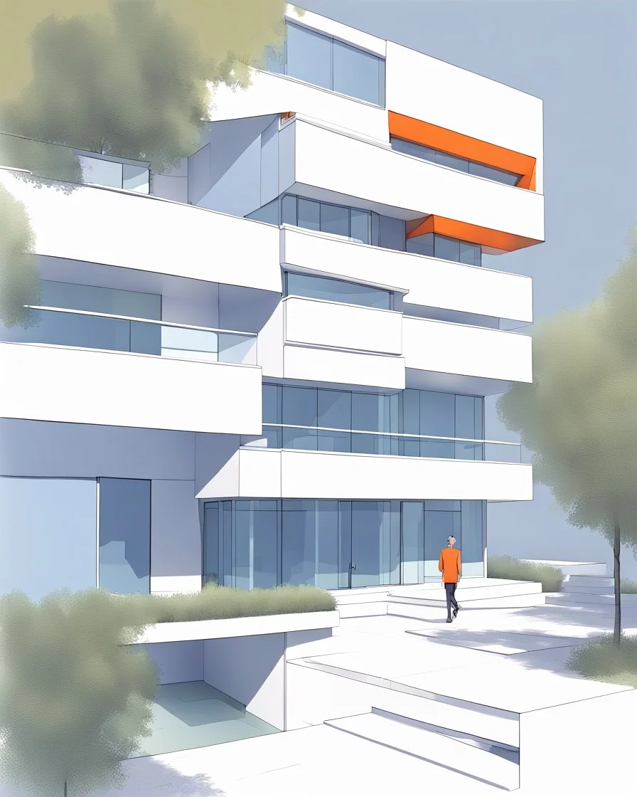 Dibujo arquitectónico de un edificio de cinco pisos, moderno, diseñado aplicando la proporción, estilo minimalista futurista, calidad ultra, gente, árboles, colores complementarios