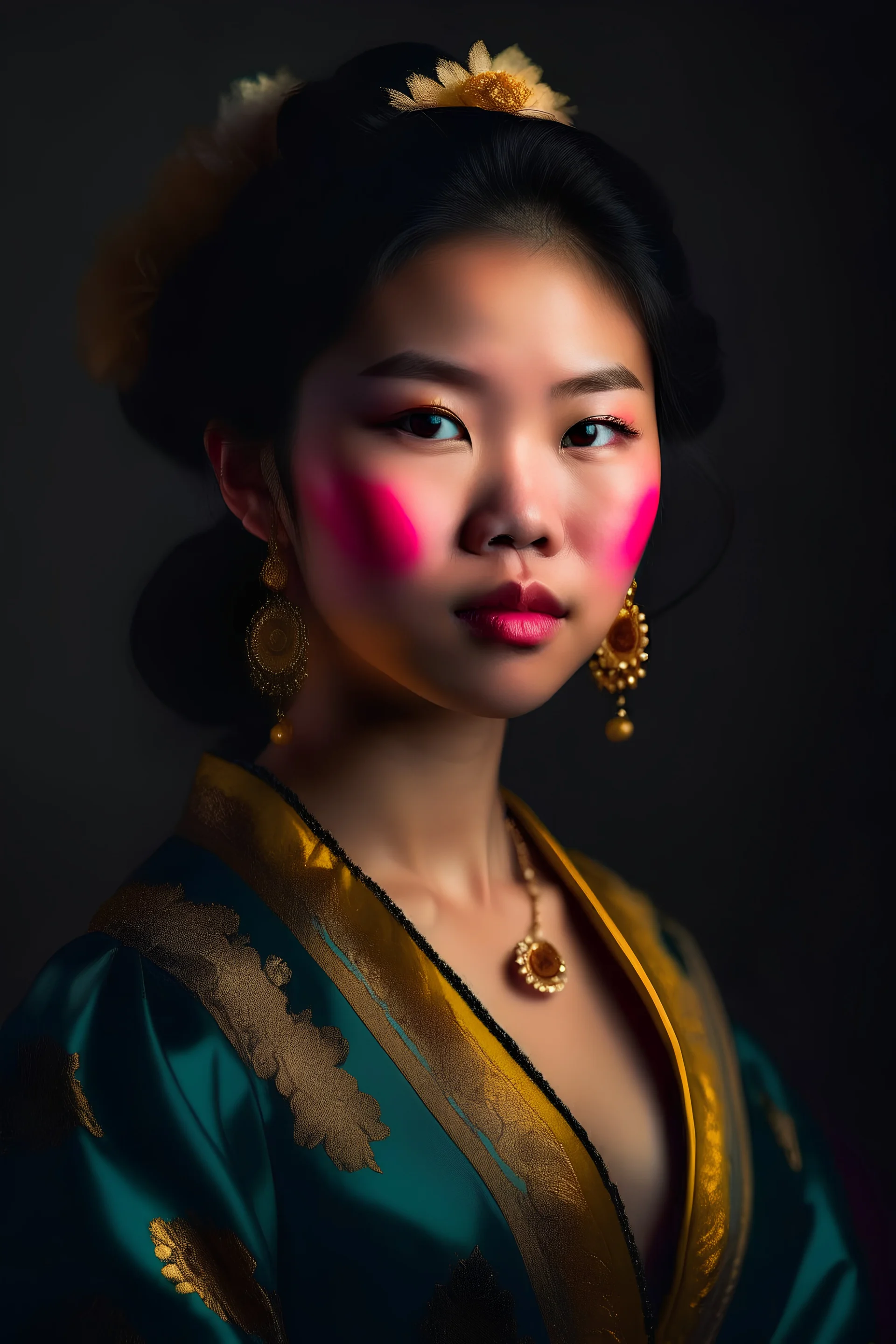 portrait of young asian woman wearing baroque dress