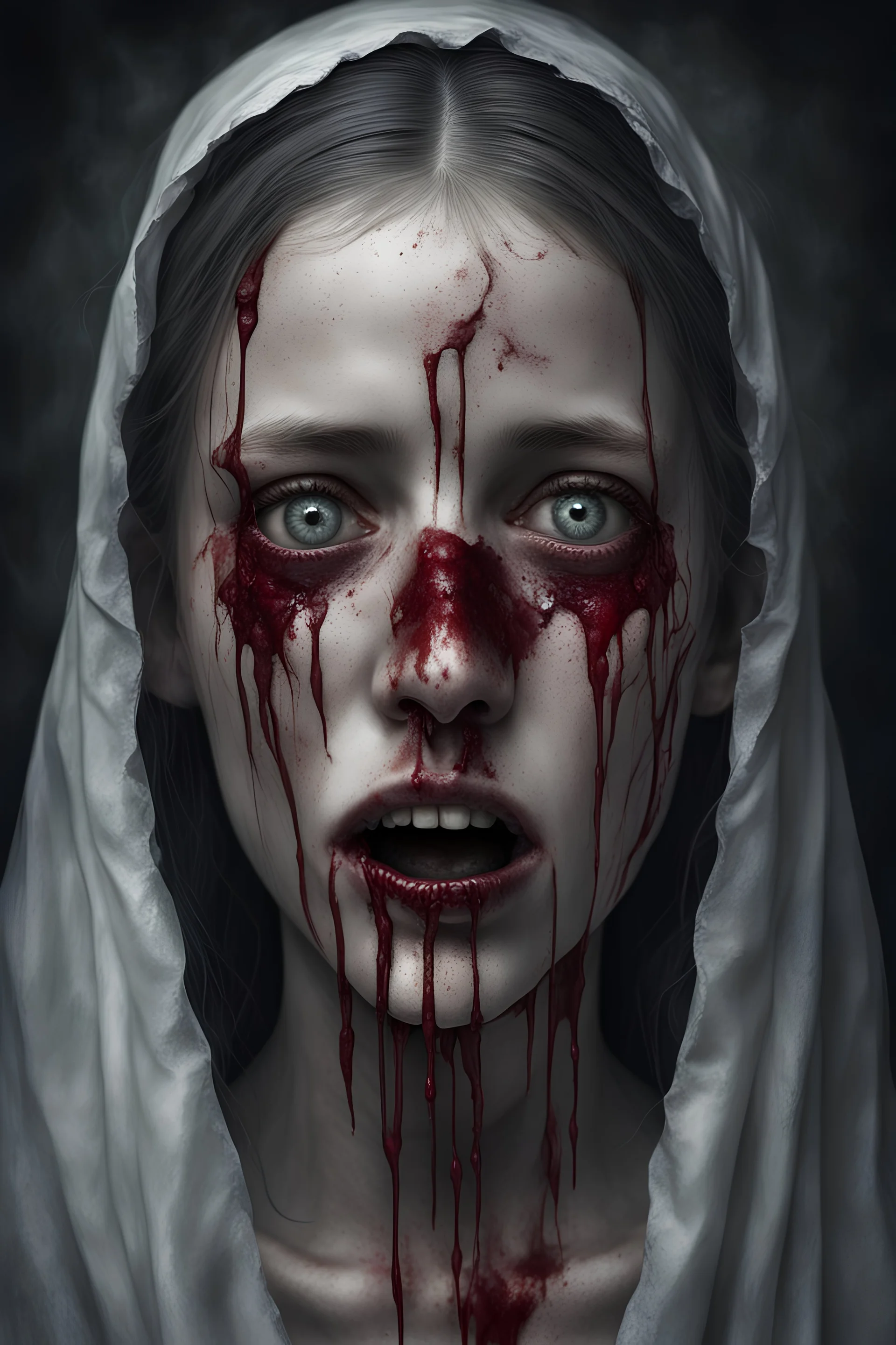 A horror digital realism portrait of a saint blind girl with gloomy eyes and bleeding mouth her soul out pain pain pain lost and broken