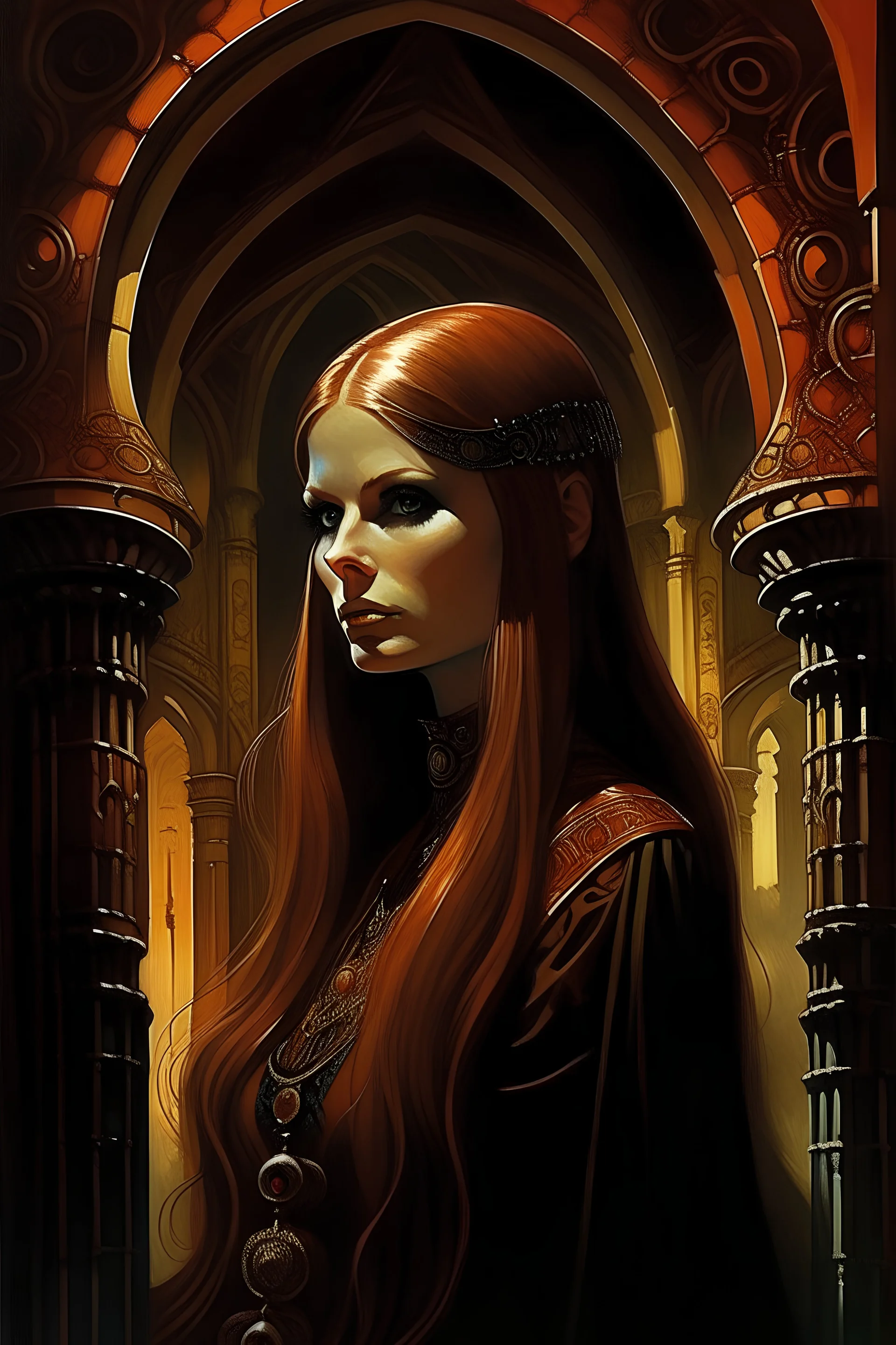 A dark fantasy painting of a noblewoman with sharp features and long auburn hair tied in ringlets, inside a metal palace 10,000 years in the future,dark fantasy art or sci-fi, 1970s dark fantasy book cover art 70s dark fantasy art, bold colours