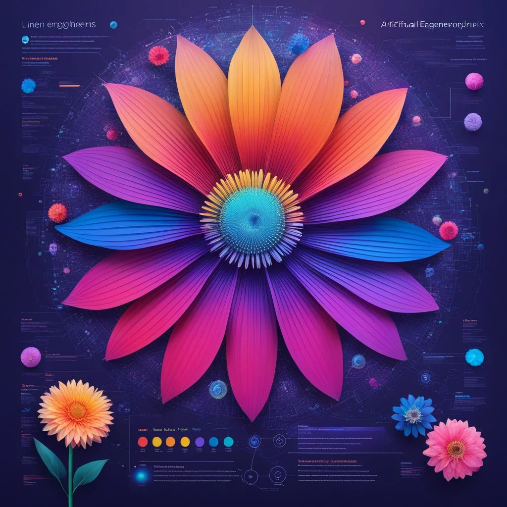 In the center of the large screen, amidst the intricate infographics detailing the AI engineer's checklist, a vibrant flower blooms in all its technicolor glory. Each petal of the flower represents a different domain of AI engineering, a unique facet of the complex ecosystem that powers artificial intelligence. The petals symbolize the foundation, ethics, and growth of artificial intelligence, intricately intertwined to shape its future. The flower serves as a visual metaphor for the interconne