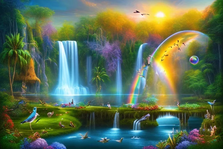 island waterfall palms twigs bubble spring sunset rainbow bridge birds