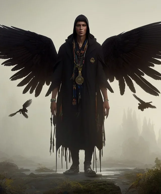 shaman, male native american, long black hair, black hooded coat like wings, 8k resolution concept art portrait by Greg Rutkowski