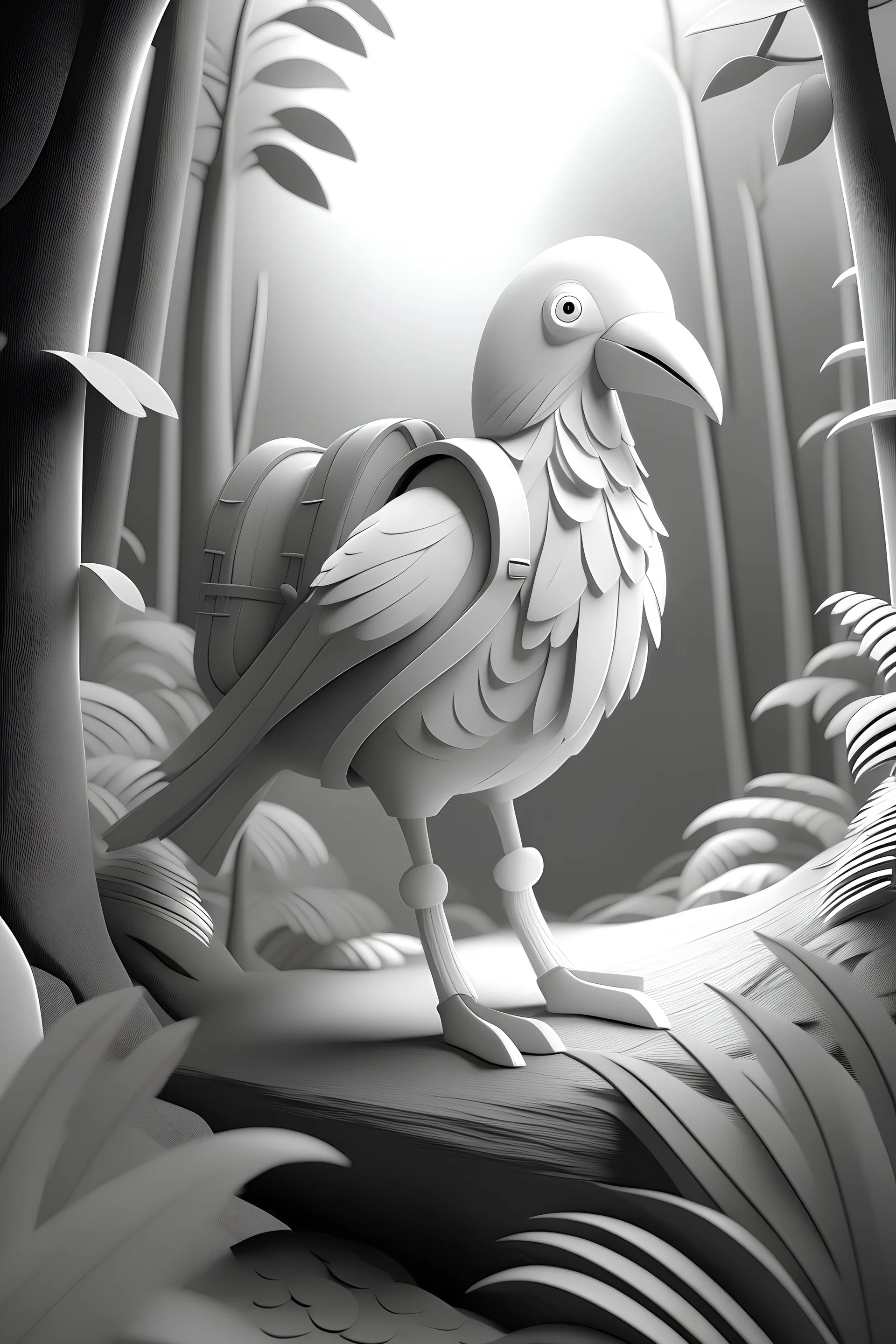 ambient occlusion render of detailed bird character hiking in forest
