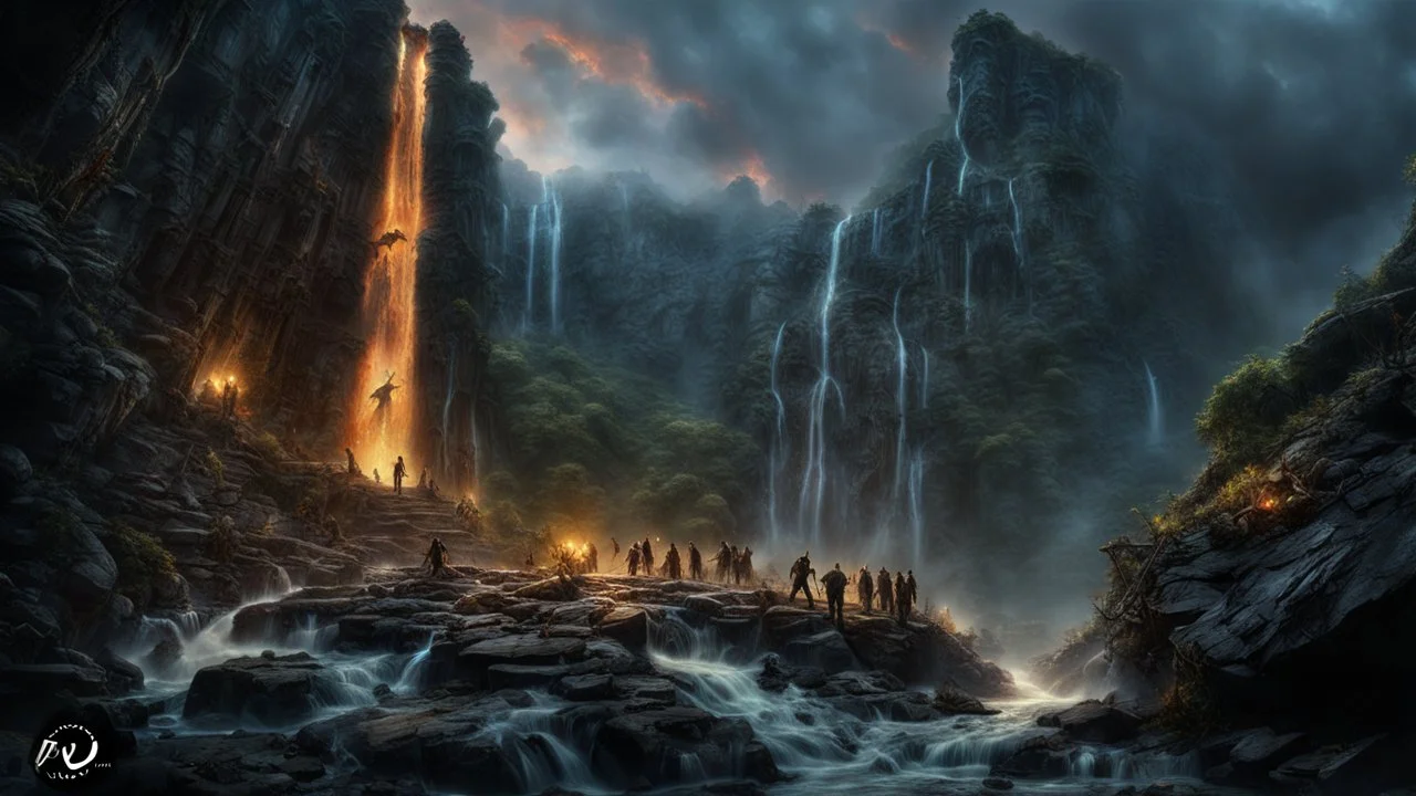 rotting zombies falling from the top of a 3.000 feet high waterfall. fantasy setting, horror. exquisite realism, a masterpiece, fantasy concept art, dynamic lighting, hyperdetailed, intricately detailed, deep color, Unreal Engine, volumetric lighting, Epic cinematic brilliant stunning intricate meticulously detailed dramatic atmospheric maximalist digital matte painting