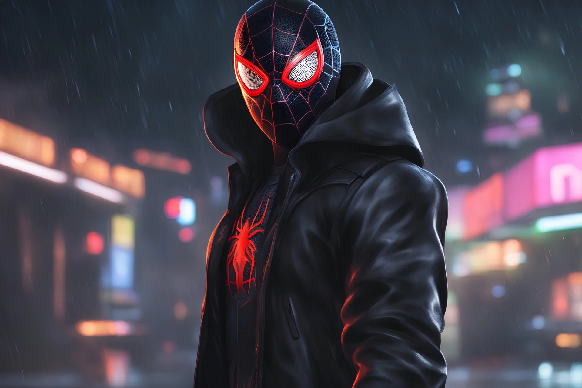Miles morales in 8k nier automata drawing style, venom them, cinematic mood, neon effect, close picture, rain, highly detailed, high details, detailed portrait, masterpiece,ultra detailed, ultra quality
