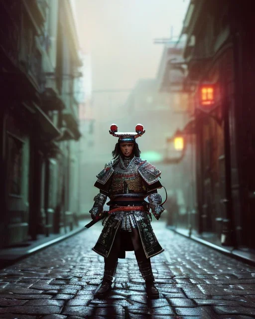 samurai, shadows, Brent Weeks, Night Angel, cobblestone street alley, highly detailed, hyper-detailed, beautifully color-coded, insane details, intricate details, beautifully color graded, Cinematic, Color Grading, Editorial Photography, Depth of Field, DOF, Tilt Blur, White Balance, 32k, Super-Resolution, Megapixel, ProPhoto RGB, VR, Halfrear Lighting, Backlight, non photorealistic rendering