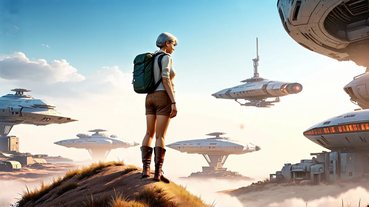 A photorealistic image of a slender 60-year-old woman, in brown shorts, a shirt and boots, with a backpack, standing on a hill looking down on a futuristic derelict sci-fi spaceport with spaceships and alien buildings.