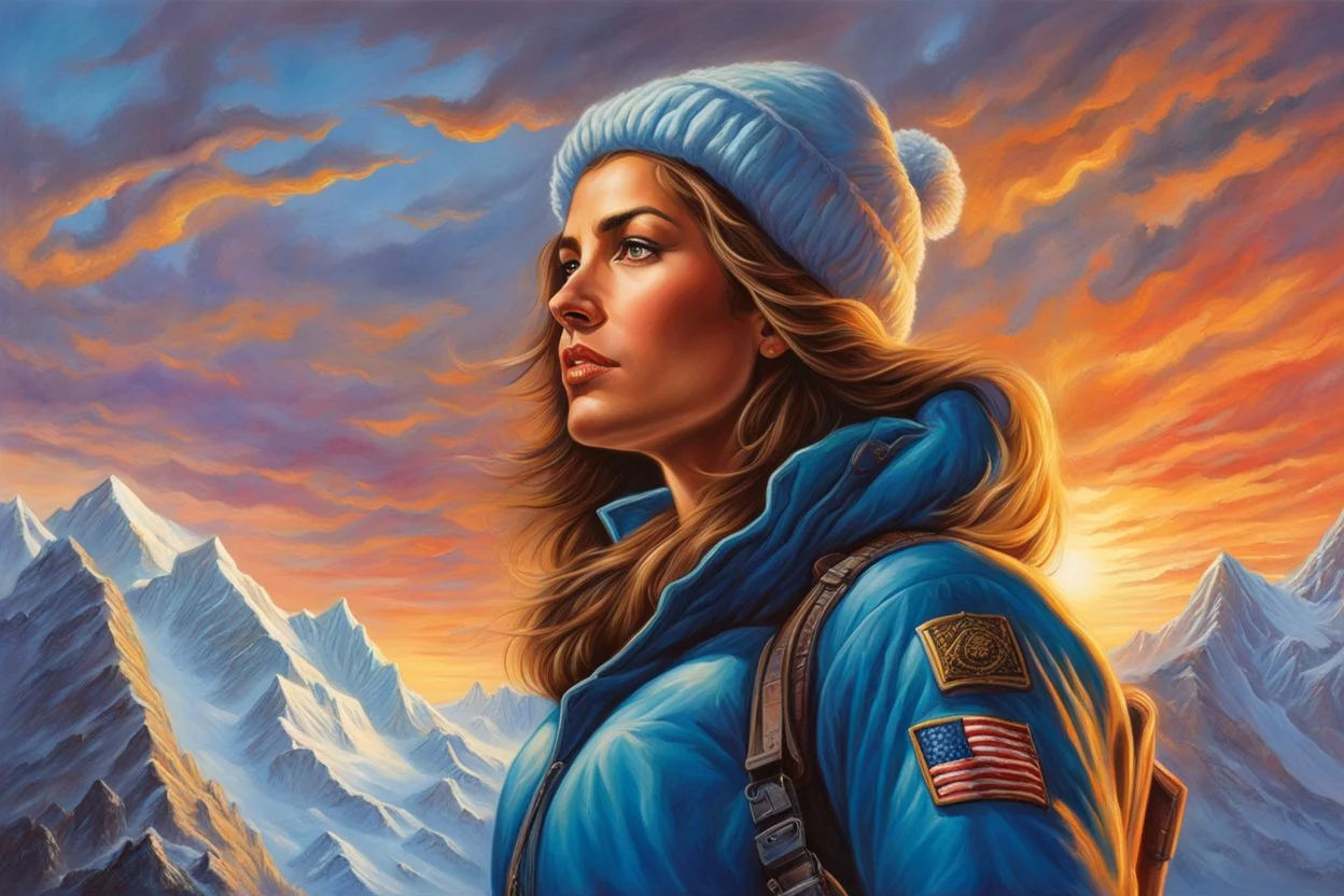 A perfect woman having a beautiful dream standing on the top of Mount Everest painted by Jeff Easley. concept art, mid shot, intricately detailed, color depth, dramatic, 2/3 face angle, side light, colorful background