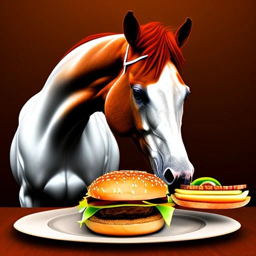 A horse eating a hamburger.