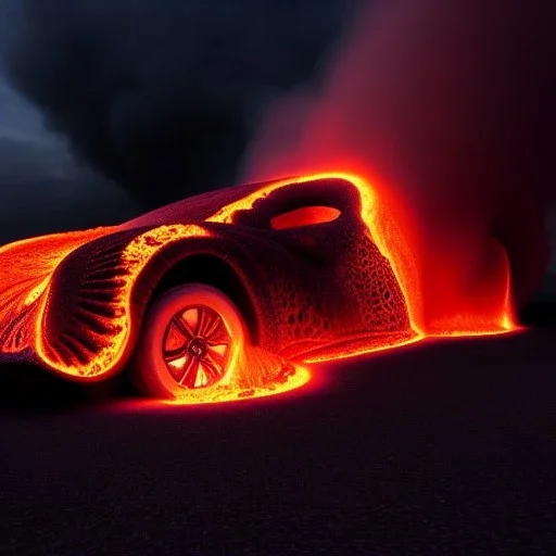 volumetric sweeping view of detailed shaded rendering of a car made of only molten lava, headlights, bumpers, whole car is lava