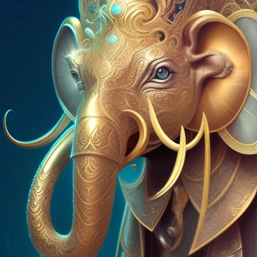 fantasy magic, intricate, sharp focus, illustration, highly detailed, digital painting, concept art, matte, art germ and Paul Lewin and Kehinde Wiley, masterpiece silver elephant head bronze Buddha rabbit turquoise golden waves