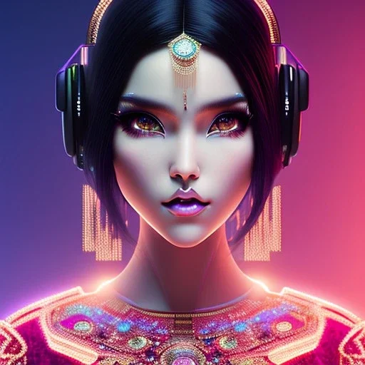 Rosalía, Cyborg anime geisha, cyberpunk, light black hair, pixie hairstyle, cobalt eyes, waist up portrait, 8k resolution, retroanime, intricate details, neon details, soft lighting, vibrant colors, masterpiece, intricate eyeliner, dark eyeshadow, eyes, intricate tattoos, gradient background