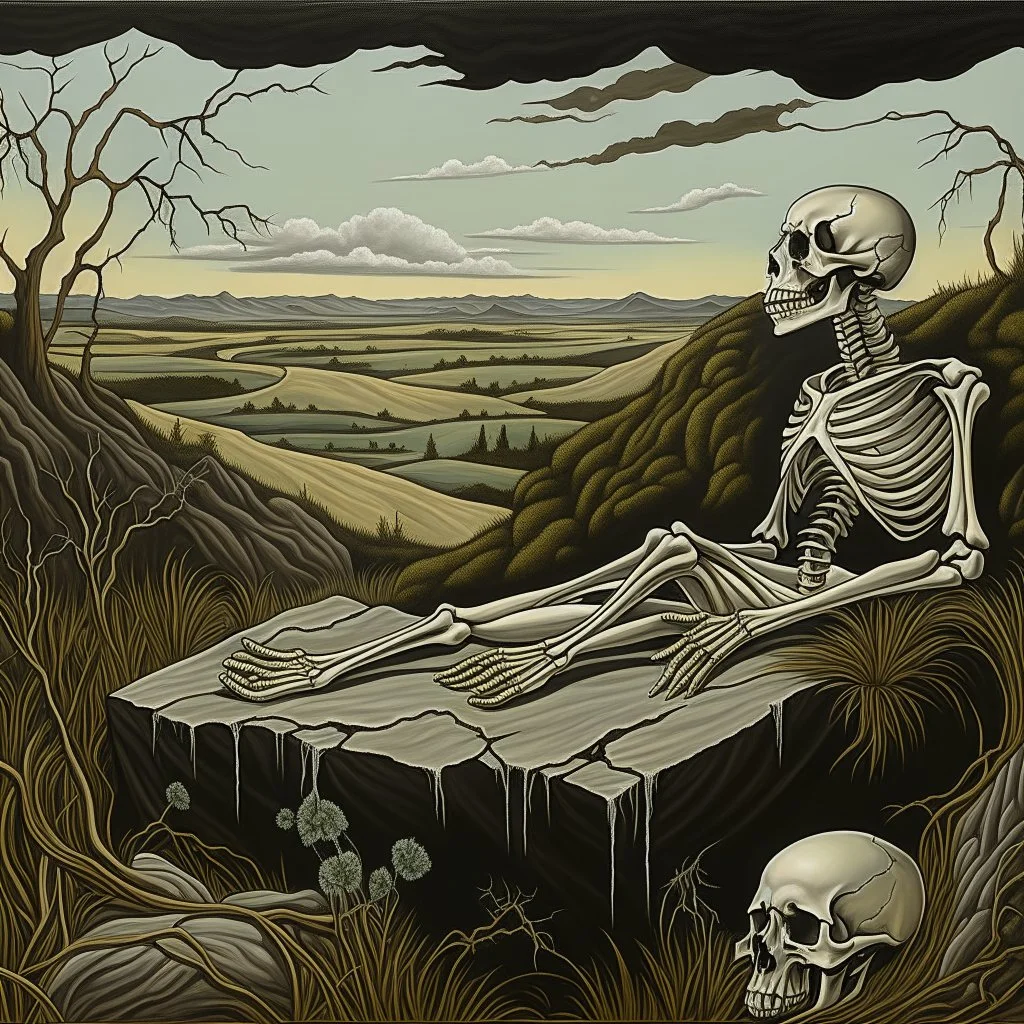 Memento mori, dynamic posture, macabre landscape, neo surrealism