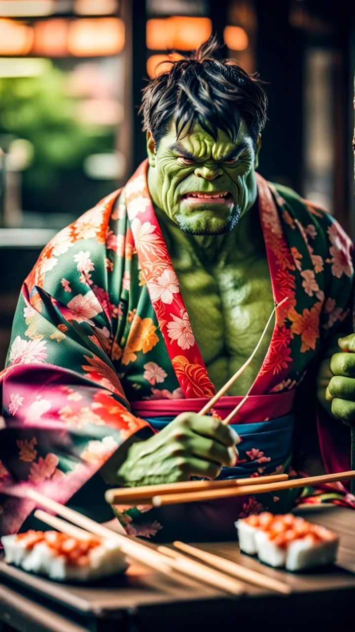 a hulk eating sushi with chopsticks, wearing a colorful kimono, moody good lighting, best quality, xt3, outdoor, beautiful light, raw photo, 8K UHD