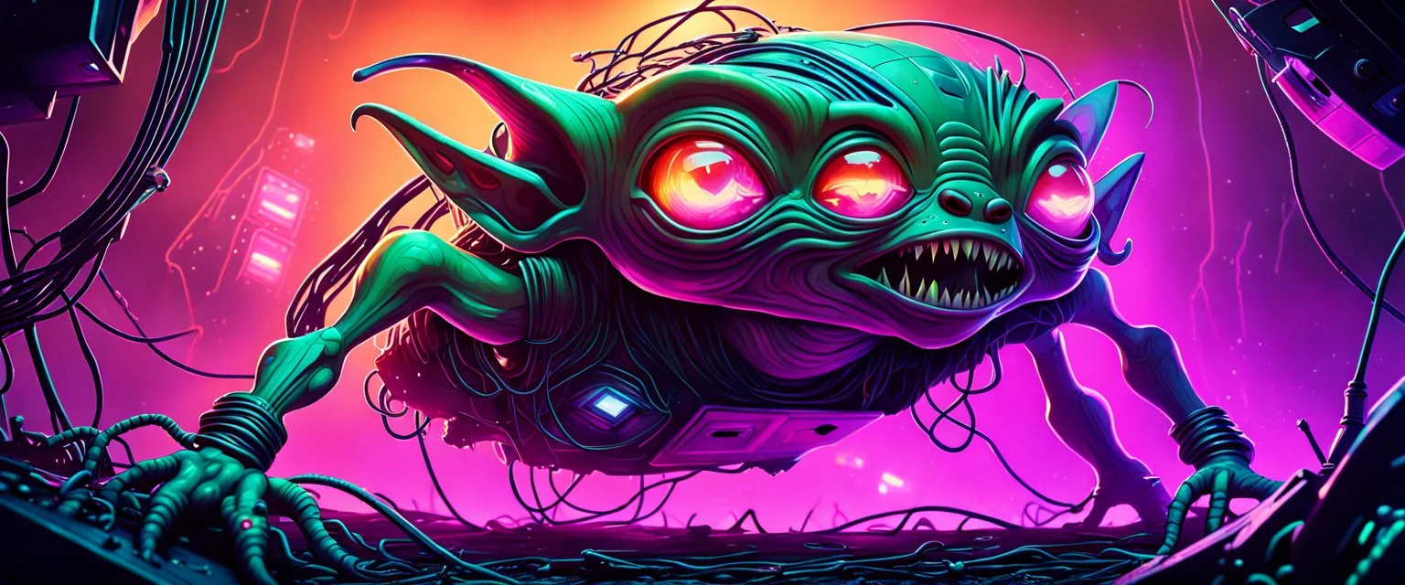 Small alien gremlin scavengers crawling over a crashed spaceship, broken screens glowing, tangled wires like vines, foggy neon atmosphere, mischievous eyes in shadow, airbrush sci-fi fantasy poster, playful but dangerous tone