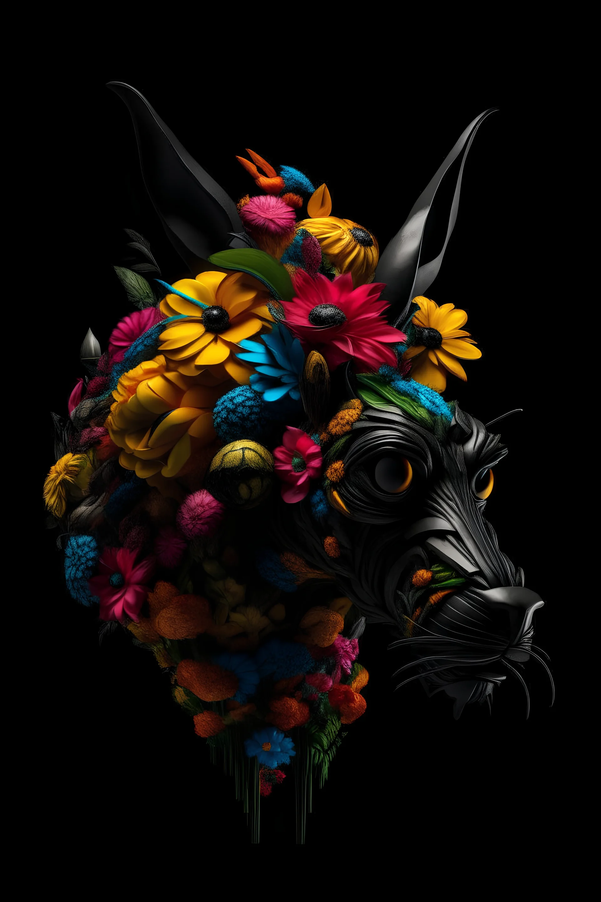 a bunch of different colored flowers on a black background building the face of a giant alien insect-dog chimera, dynamic maximum tension