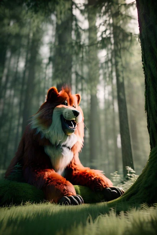 Realistic forest scene. big furry monster sitting next to tree. Wes Anderson style. Red hair, smile, happy, gradient color fog. highly detailed, concept art, unreal engine 5, ray tracing, RTX, lumen lighting, ultra detail, volumetric lighting, 3d, finely drawn, high definition, high resolution.