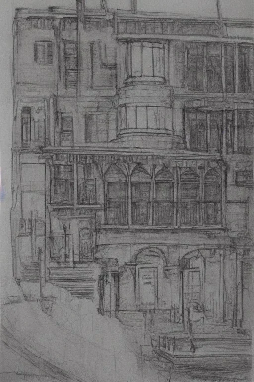 Pencil sketch of Egyptian Hospital, 1990 , It's raining hard, night , houses on the side ، on lined paper