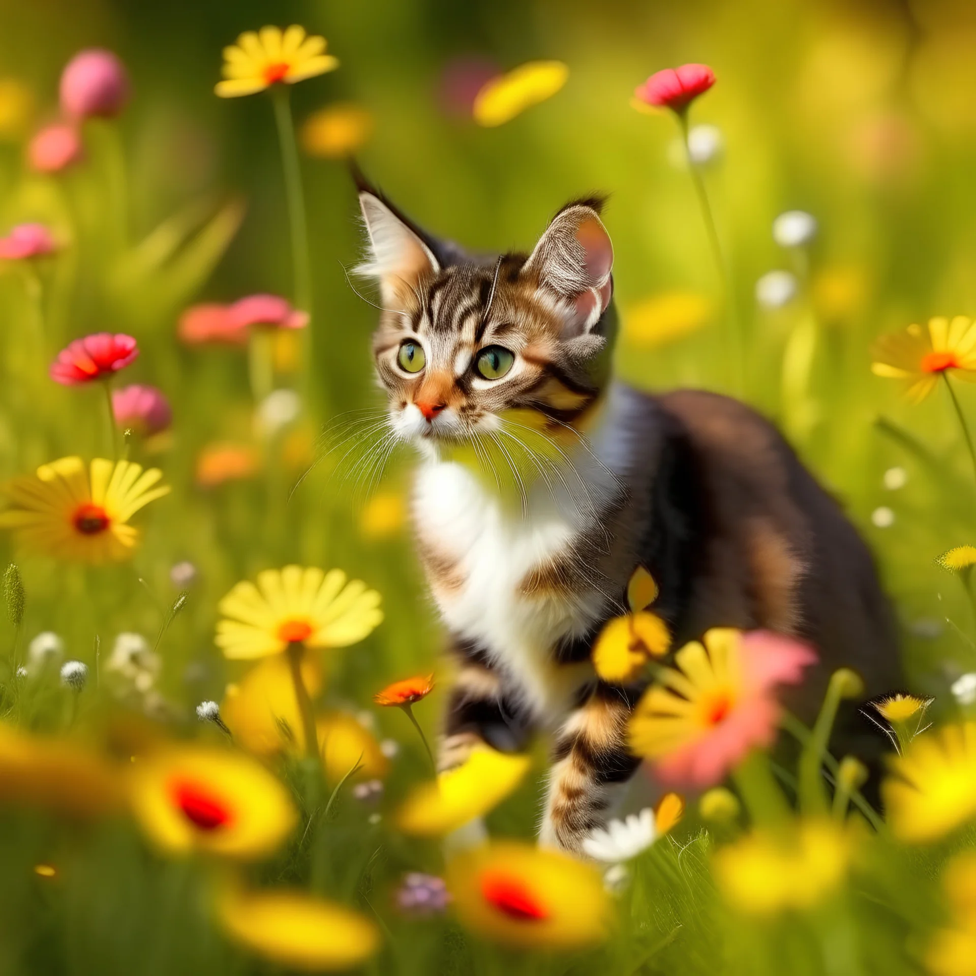 Gato jugando en pradera con muchas flores y mariposas