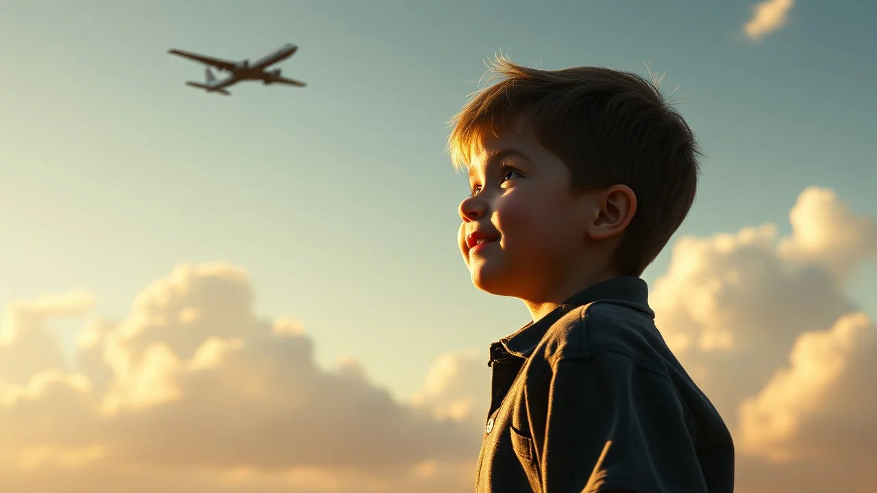 happy little boy looking at an aeroplane flying overhead, exquisite composition, beautiful detailed intricate insanely detailed octane render trending on artstation, 8k artistic photography, photorealistic concept art, soft natural volumetric cinematic perfect light, chiaroscuro, award-winning photograph, masterpiece, raphael, caravaggio, Alma Tadema, Bouguereau