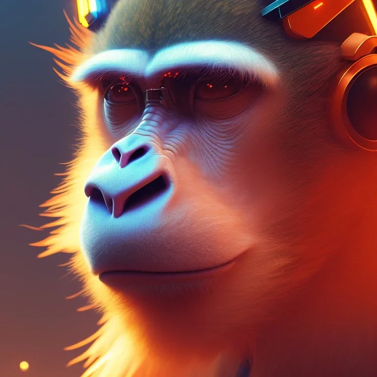 A beautiful portrait of a cyberpunk monkey facing camera orange color scheme, high key lighting, volumetric light high details with white stripes and feathers unreal 5, octane render, cinema4d, dynamic lighting, dramatic lighting, 4k, redshift render, highly detailed, hyper realistic