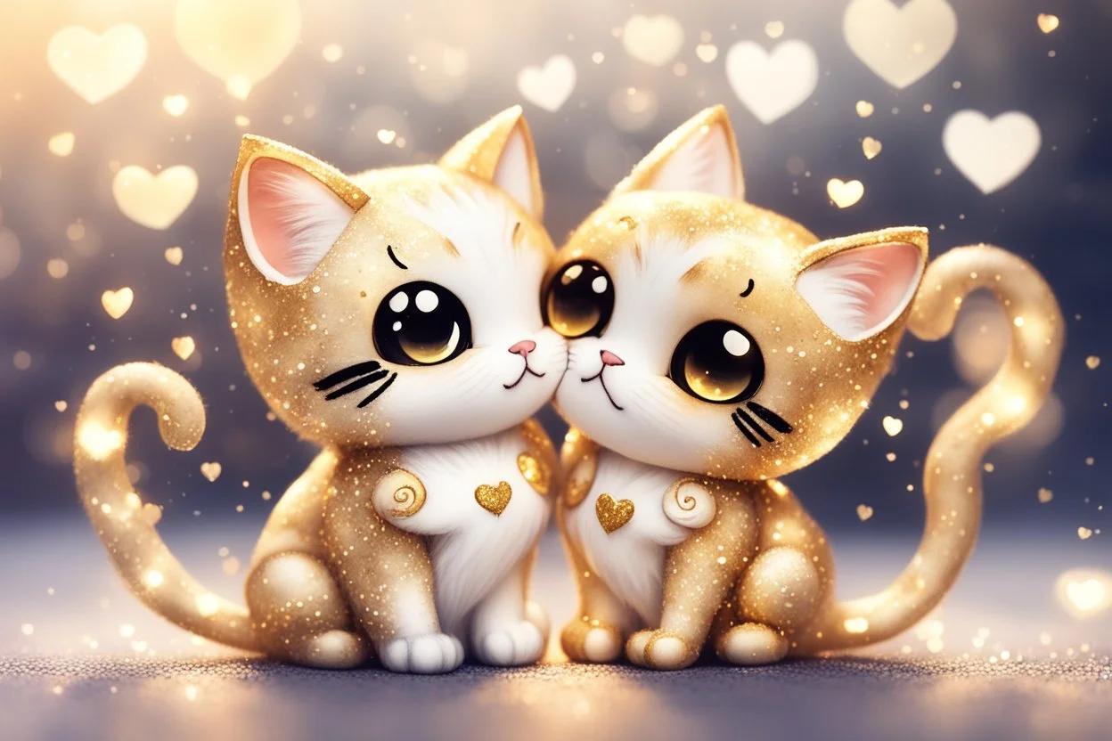 cute chibi cat couple, heart and love, watercolor and black ink outlines, sparkling golden glitter, ethereal, cinematic postprocessing, bokeh, dof