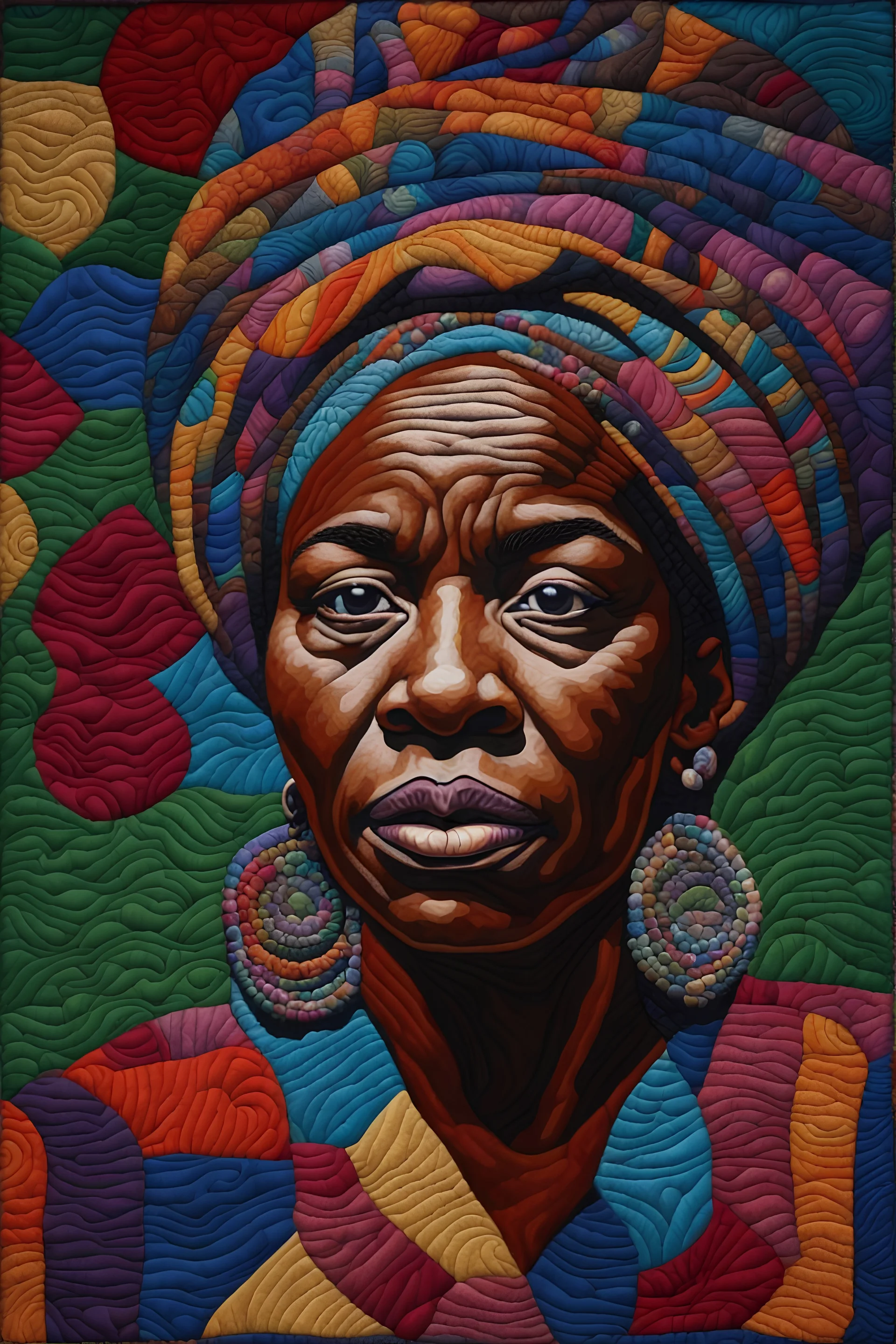 A polychromatic textile portrait, quilting, fabrics, by artist "Bisa Butler"