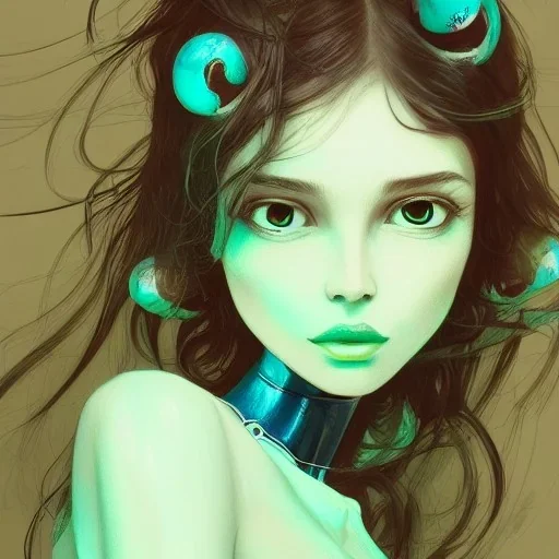 alien girl, cute, beautiful, long hair, curly hair, black hair, slim body, brown eyes, light green skin, turquoise dress, black tee shirt, green shorts, head and shoulders portrait, 8k resolution concept art portrait by Greg Rutkowski, Artgerm, WLOP, Alphonse Mucha dynamic lighting hyperdetailed intricately detailed