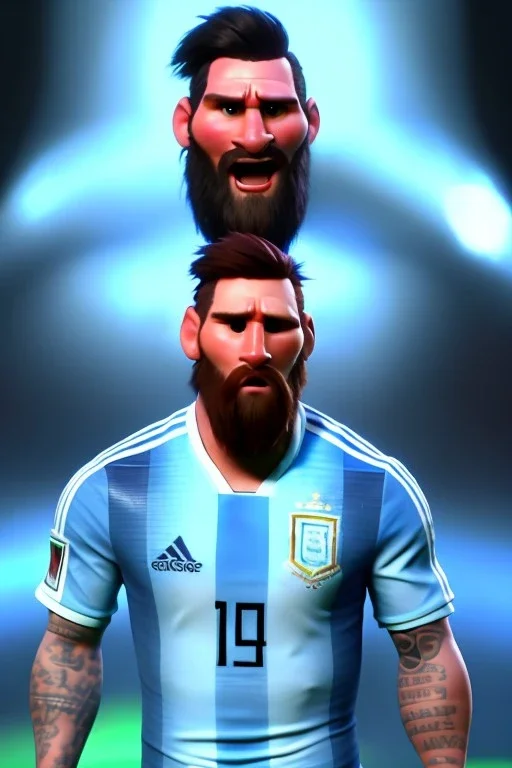 Realistic Messi Argentina soccer player Portrait, mid shot view, angry, concept art, art station, 3d, photo studio, blue clean background, unreal engine 5, ray tracing, RTX, lumen lighting, ultra detail, volumetric lighting.